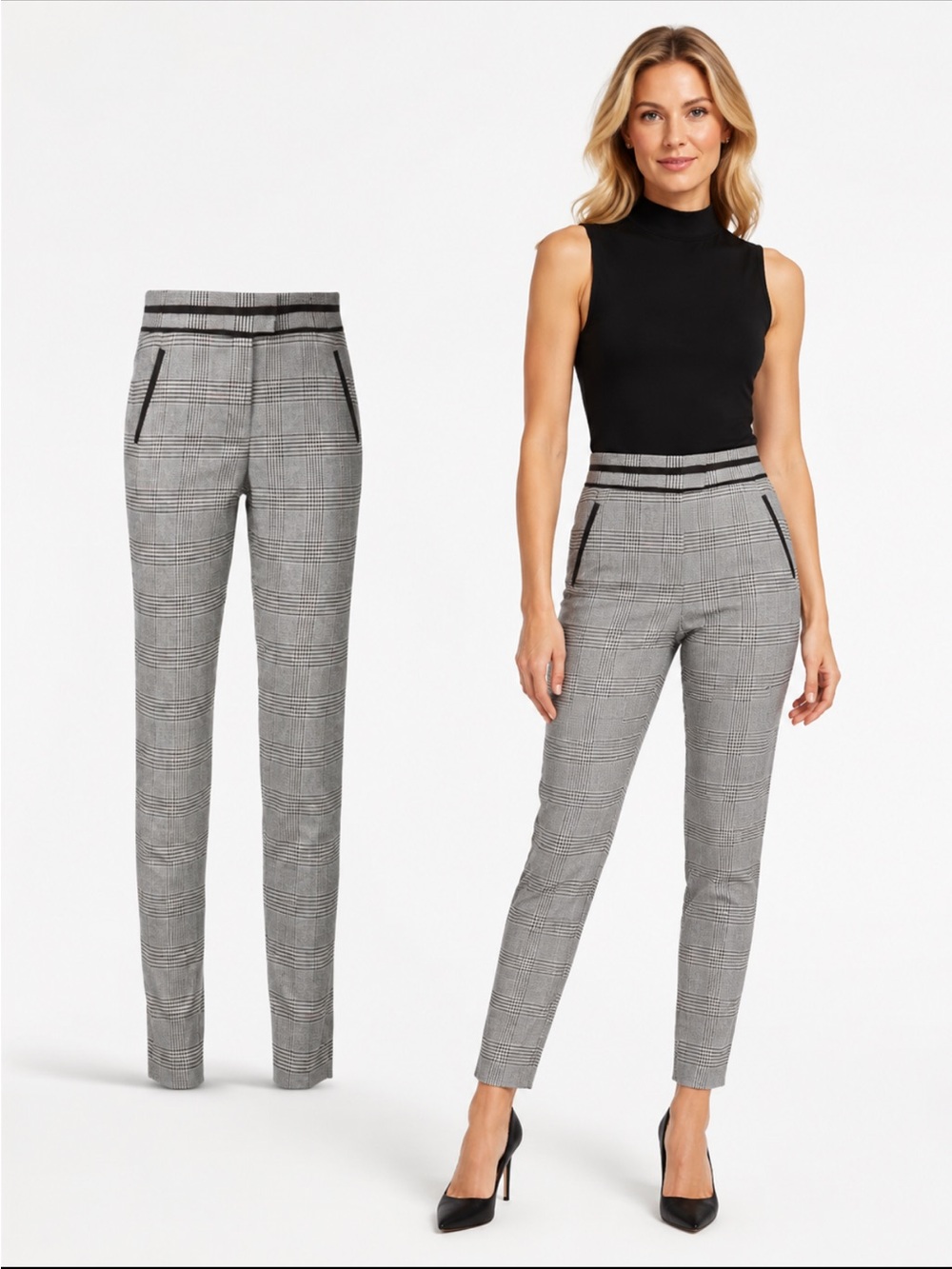 Veronica Beard Plaid Slim Trousers Black White Career Pants Size 8